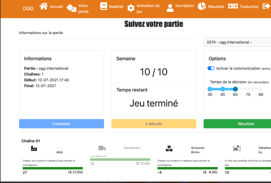 Tableau de bord de contrôle instructeur